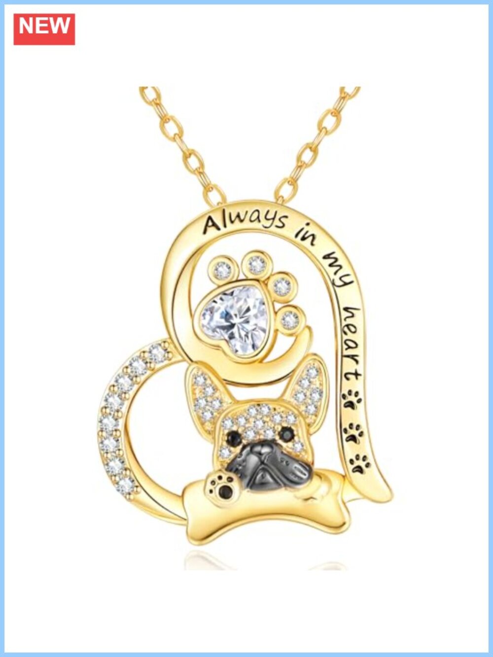 14K Gold Plated French Bulldog Paw Print Necklace Cubic Zirconia Pendant